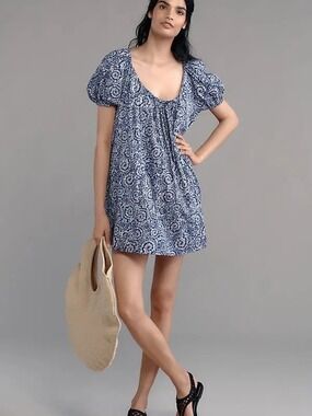 Anthropologie Maeve Mini Swing Dress‎ Blue White Ditsy Floral NWT Small